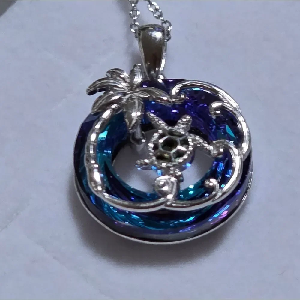 📷💬🩵⏭️NIB Blue Crystal Sterling Silver Sea Turtle Tropical Pendant Necklace